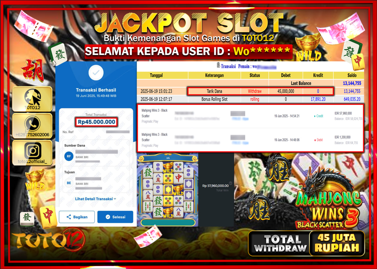 HANYA DI TOTO12 JP PASTI DI BAYAR LUNAS DAN CEPAT!!!!!! JACKPOT SLOT GAME (MAHJONG WINS 3 BLACK SCATTER) Rp.45.000.000 !!!!