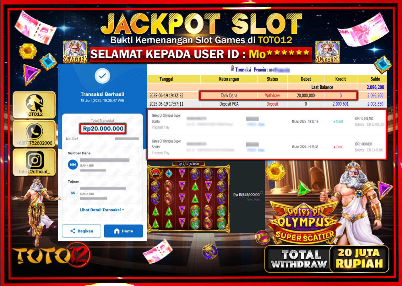 HANYA DI TOTO12 JP PASTI DI BAYAR LUNAS DAN CEPAT!!!!!! JACKPOT SLOT GAME (GATES OF OLYMPUS SUPER SCATTER) Rp.20.000.000 !!!!
