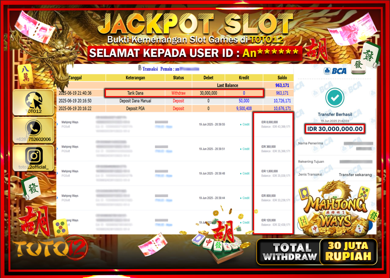 HANYA DI TOTO12 JP PASTI DI BAYAR LUNAS DAN CEPAT!!!!!! JACKPOT SLOT GAME (MAHJONG WAYS) Rp.30.000.000 !!!!