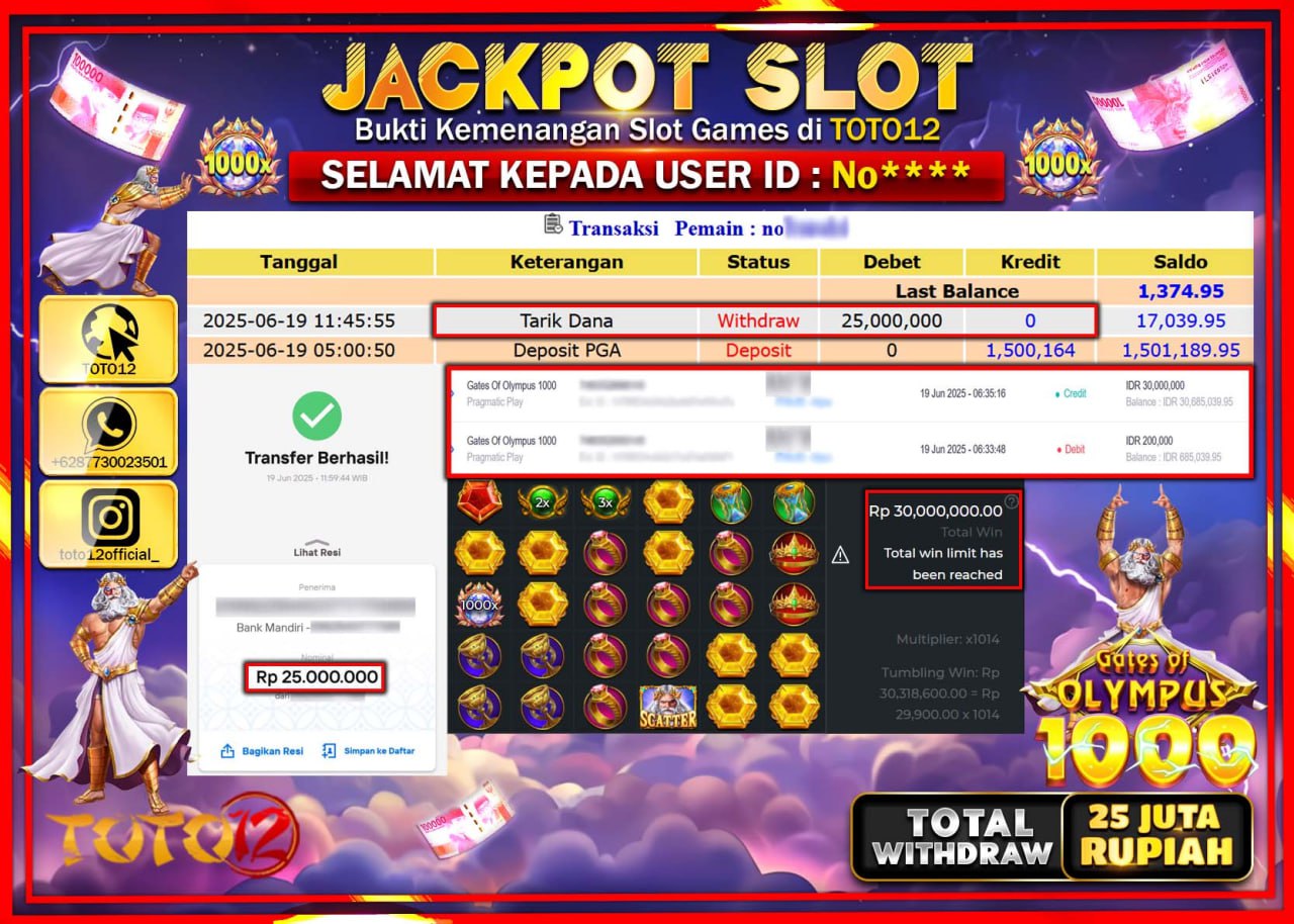 HANYA DI TOTO12 JP PASTI DI BAYAR LUNAS DAN CEPAT!!!!!! JACKPOT SLOT GAME (GATES OF OLYMPUS 1000) Rp.25.000.000 !!!!