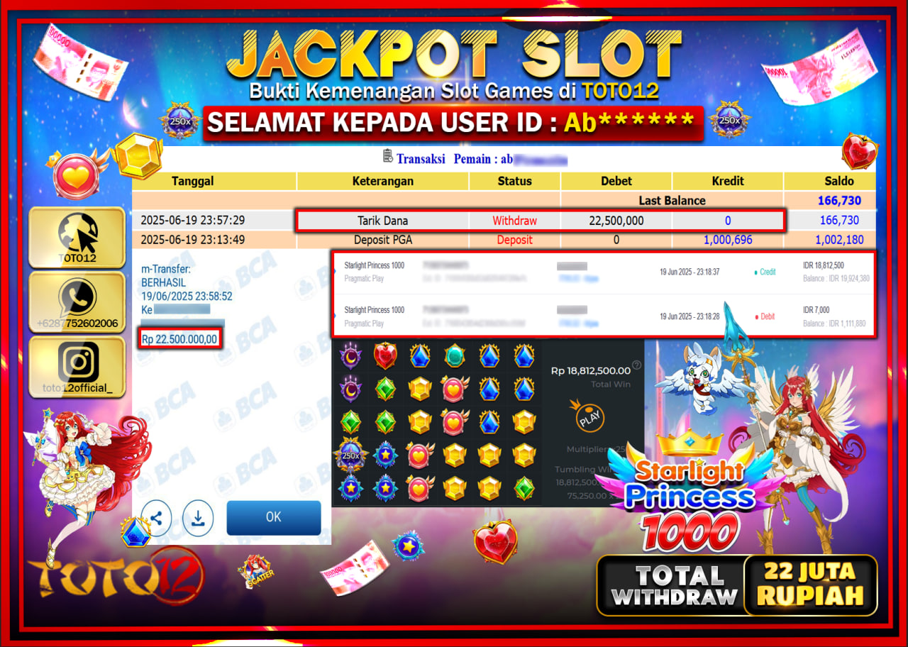 HANYA DI TOTO12 JP PASTI DI BAYAR LUNAS DAN CEPAT!!!!!! JACKPOT SLOT GAME (STARLIGHT PRINCESS 1000) Rp.22.000.000 !!!!