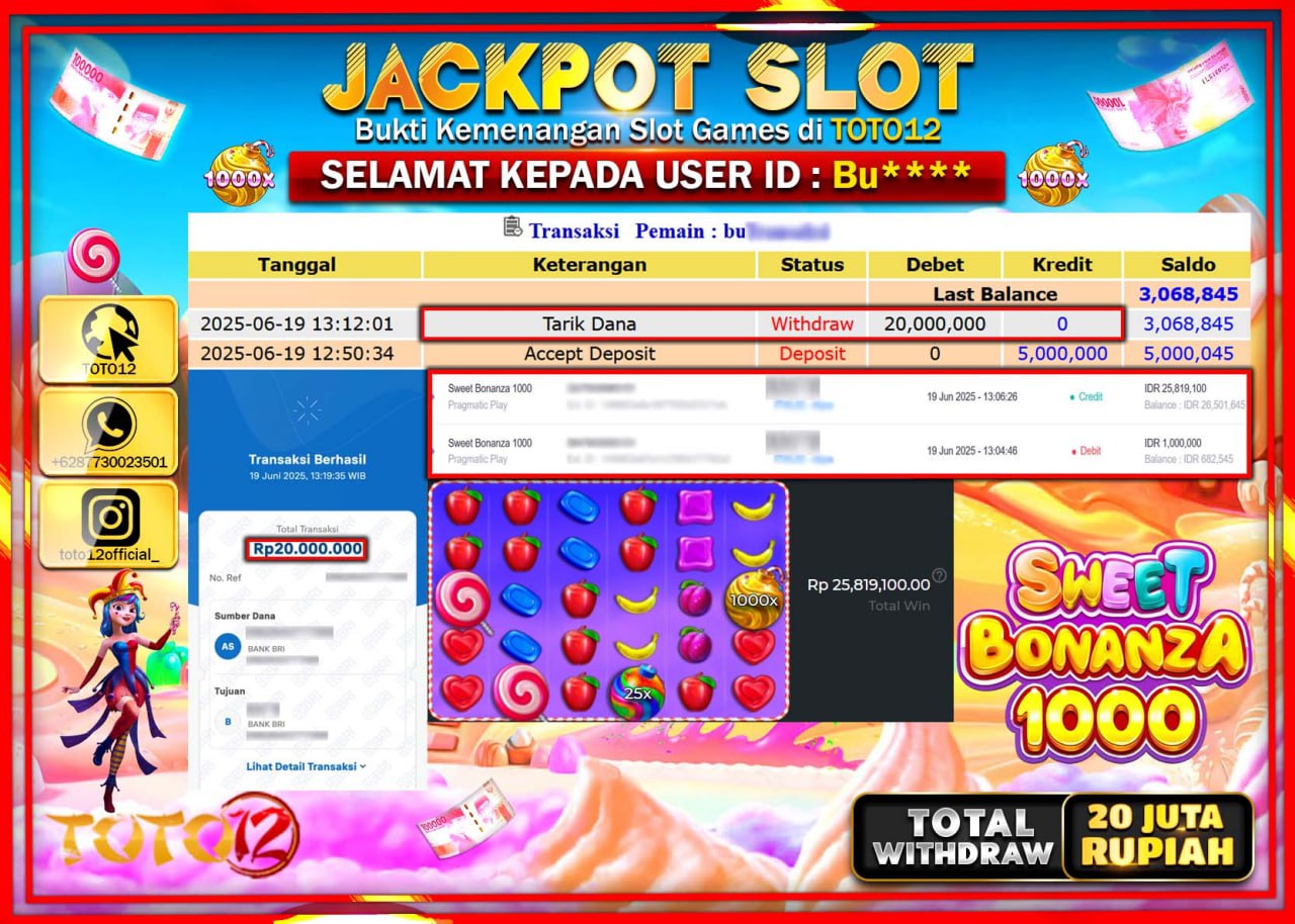 HANYA DI TOTO12 JP PASTI DI BAYAR LUNAS DAN CEPAT!!!!!! JACKPOT SLOT GAME (SWEET BONANZA 1000) Rp.20.000.000 !!!!