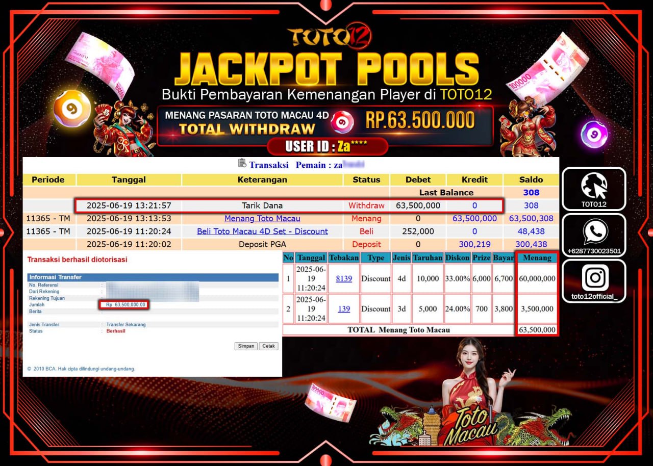 HANYA DI TOTO12 JP PASTI DI BAYAR LUNAS DAN CEPAT!!!!!! JACKPOT POOLS PASARAN (TOTO MACAU4D) Rp.63.500.000 !!!!