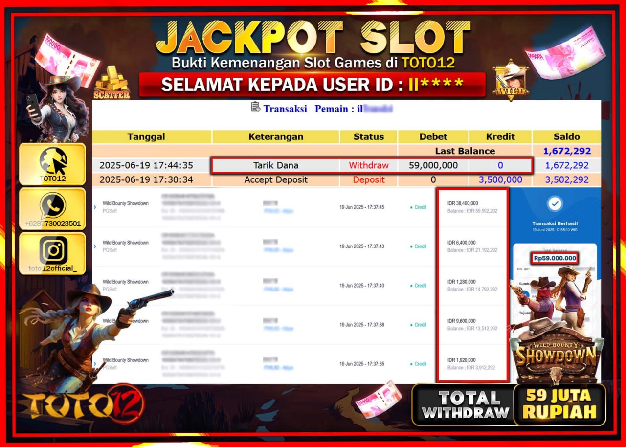HANYA DI TOTO12 JP PASTI DI BAYAR LUNAS DAN CEPAT!!!!!! JACKPOT SLOT GAME (WILD BOUNTY SHOWDOWN) Rp.59.000.000 !!!!