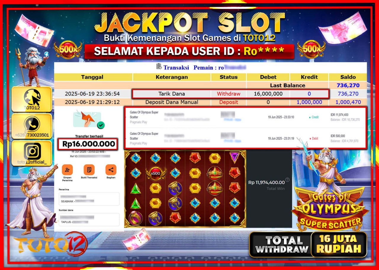 HANYA DI TOTO12 JP PASTI DI BAYAR LUNAS DAN CEPAT!!!!!! JACKPOT SLOT GAME (GATES OF OLYMPUS SUPER SCATTER) Rp.16.000.000 !!!!