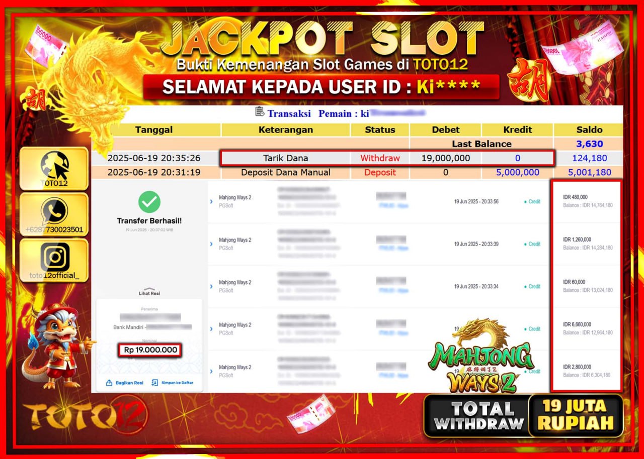 HANYA DI TOTO12 JP PASTI DI BAYAR LUNAS DAN CEPAT!!!!!! JACKPOT SLOT GAME (MAHJONG WAYS 2) Rp.19.000.000 !!!!