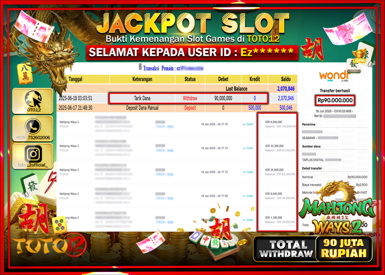HANYA DI TOTO12 JP PASTI DI BAYAR LUNAS DAN CEPAT!!!!!! JACKPOT SLOT GAME (MAHJONG WAYS 2) Rp.90.000.000 !!!!