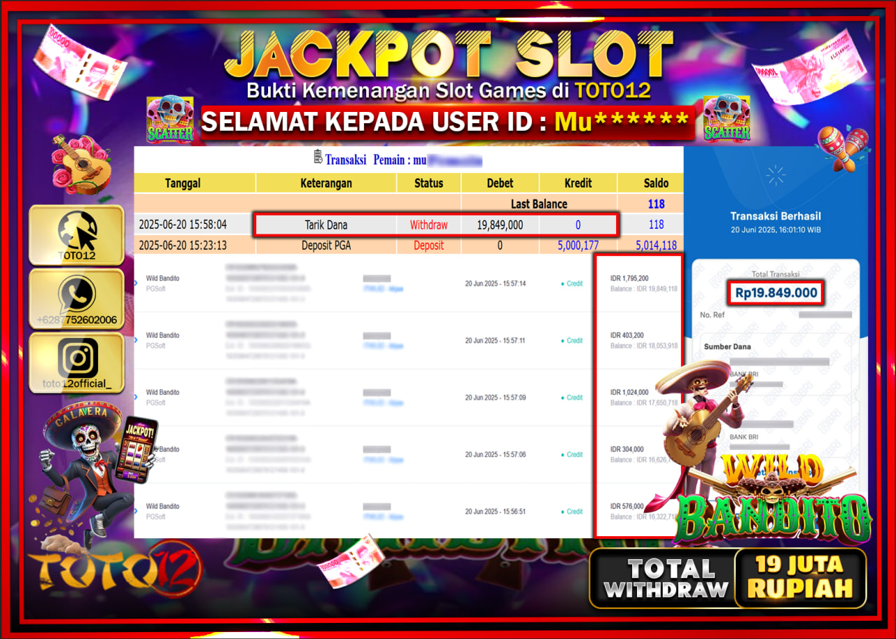 HANYA DI TOTO12 JP PASTI DI BAYAR LUNAS DAN CEPAT!!!!!! JACKPOT SLOT GAME (WILD BANDITO) Rp.19.000.000 !!!!