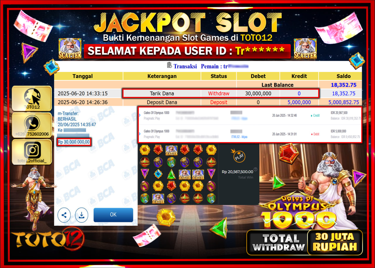 HANYA DI TOTO12 JP PASTI DI BAYAR LUNAS DAN CEPAT!!!!!! JACKPOT SLOT GAME (GATES OF OLYMPUS 1000) Rp.30.000.000 !!!!