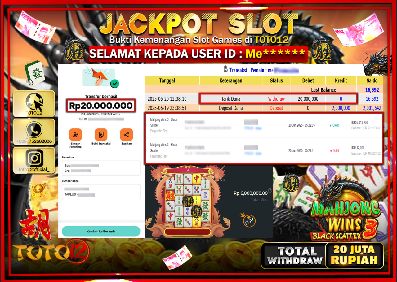 HANYA DI TOTO12 JP PASTI DI BAYAR LUNAS DAN CEPAT!!!!!! JACKPOT SLOT GAME (MAHJONG WINS 3 BLACK SCATTER) Rp.20.000.000 !!!!