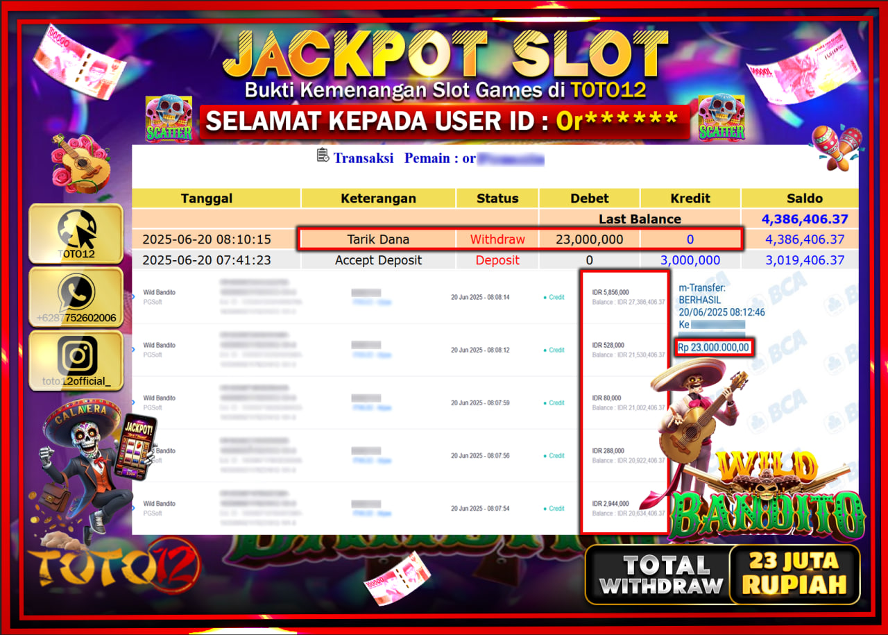 HANYA DI TOTO12 JP PASTI DI BAYAR LUNAS DAN CEPAT!!!!!! JACKPOT SLOT GAME (WILD BANDITO) Rp.23.000.000 !!!!