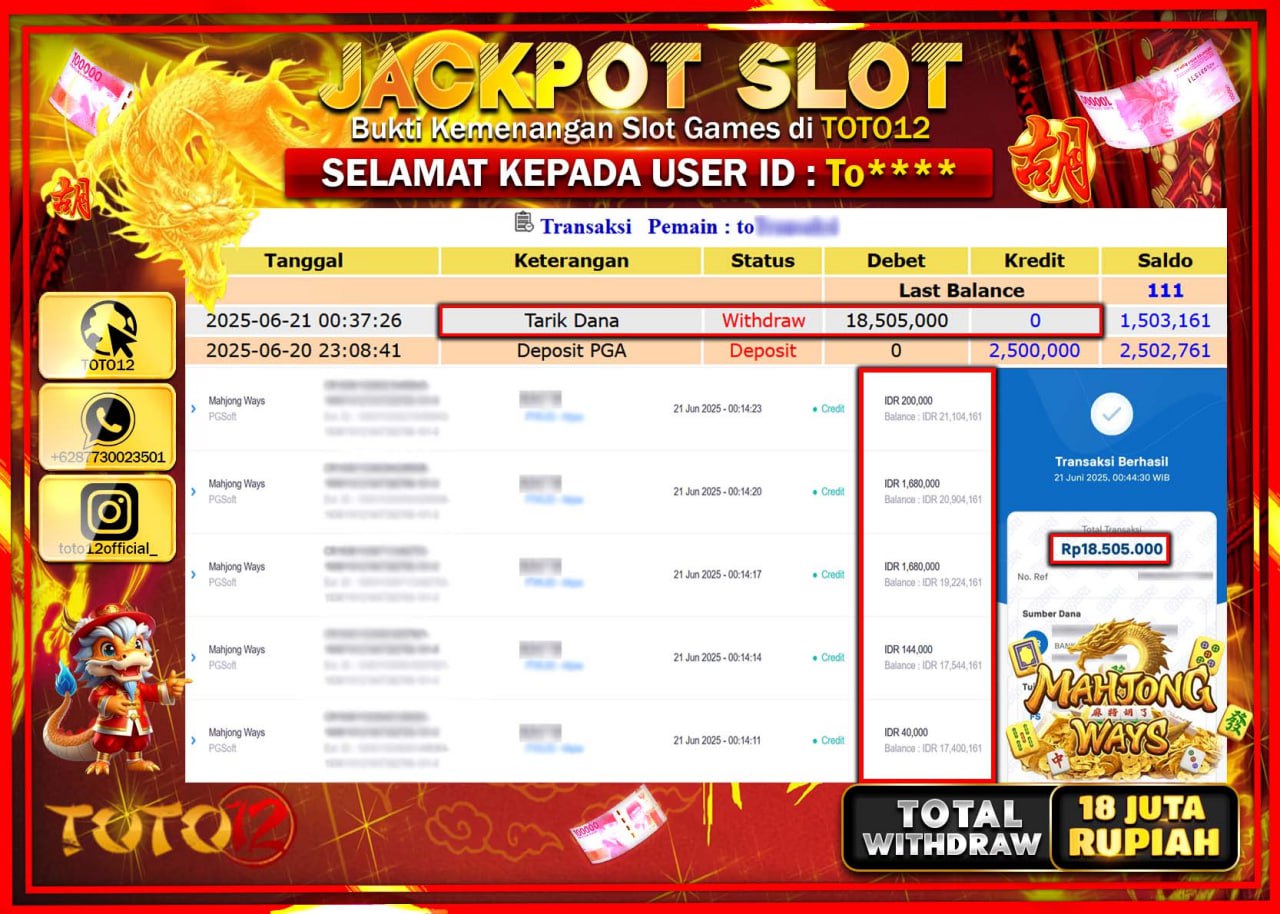 HANYA DI TOTO12 JP PASTI DI BAYAR LUNAS DAN CEPAT!!!!!! JACKPOT SLOT GAME (MAHJONG WAYS) Rp.18.000.000 !!!!