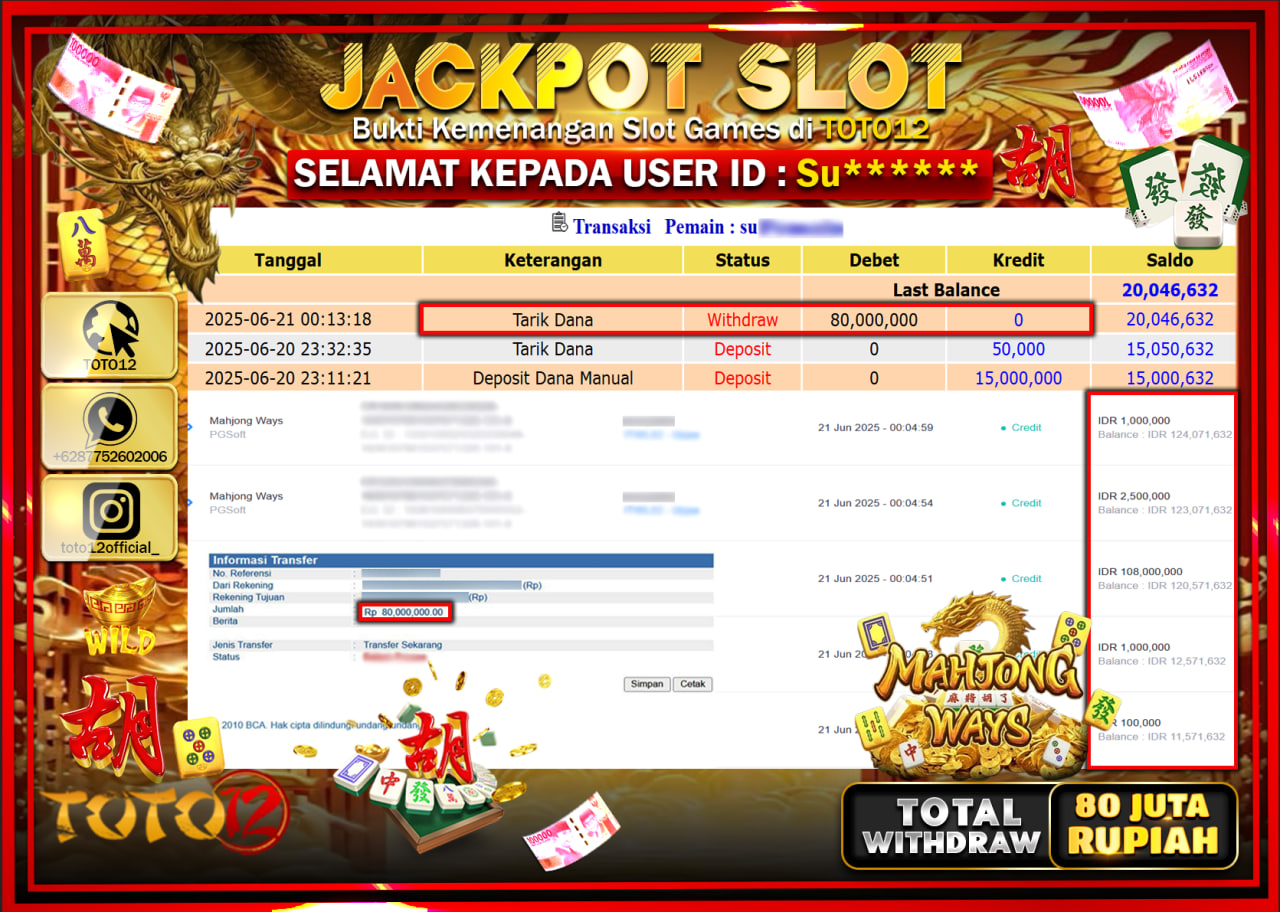HANYA DI TOTO12 JP PASTI DI BAYAR LUNAS DAN CEPAT!!!!!! JACKPOT SLOT GAME (MAHJONG WAYS) Rp.80.000.000 !!!!