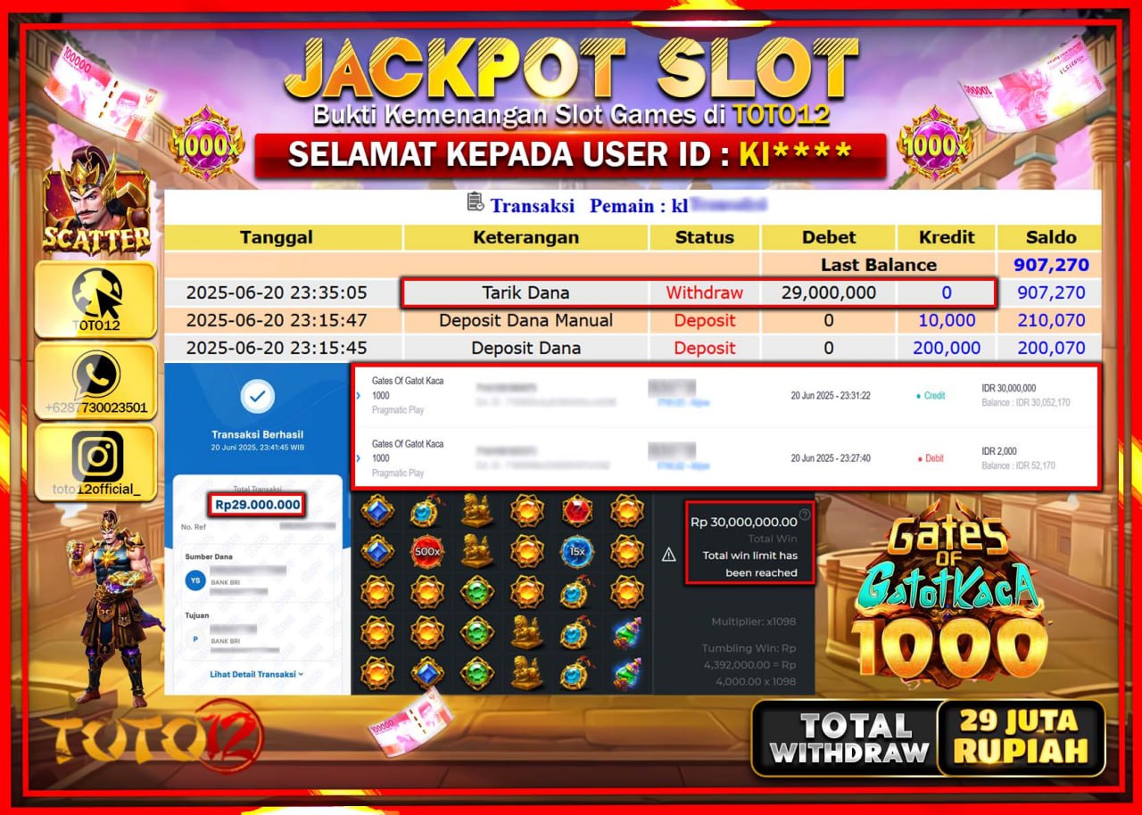 HANYA DI TOTO12 JP PASTI DI BAYAR LUNAS DAN CEPAT!!!!!! JACKPOT SLOT GAME (GATES OF GATOT KACA 1000) Rp.29.000.000 !!!!