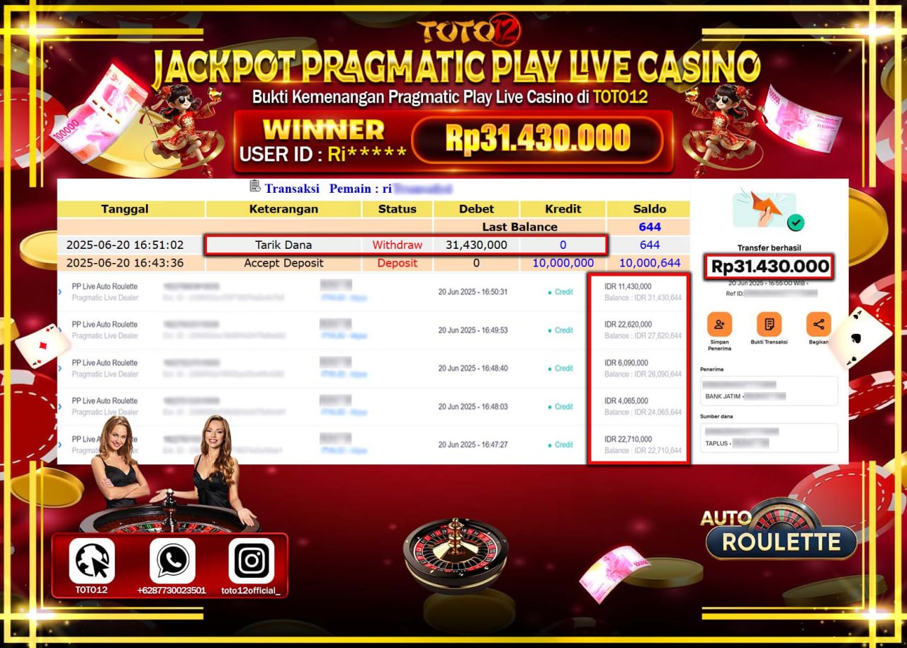 HANYA DI TOTO12 JP PASTI DI BAYAR LUNAS DAN CEPAT!!!!!! JACKPOT PRAGMATIC PLAY LIVE CASINO (AUTO ROULETTE) Rp.31.430.000 !!!!
