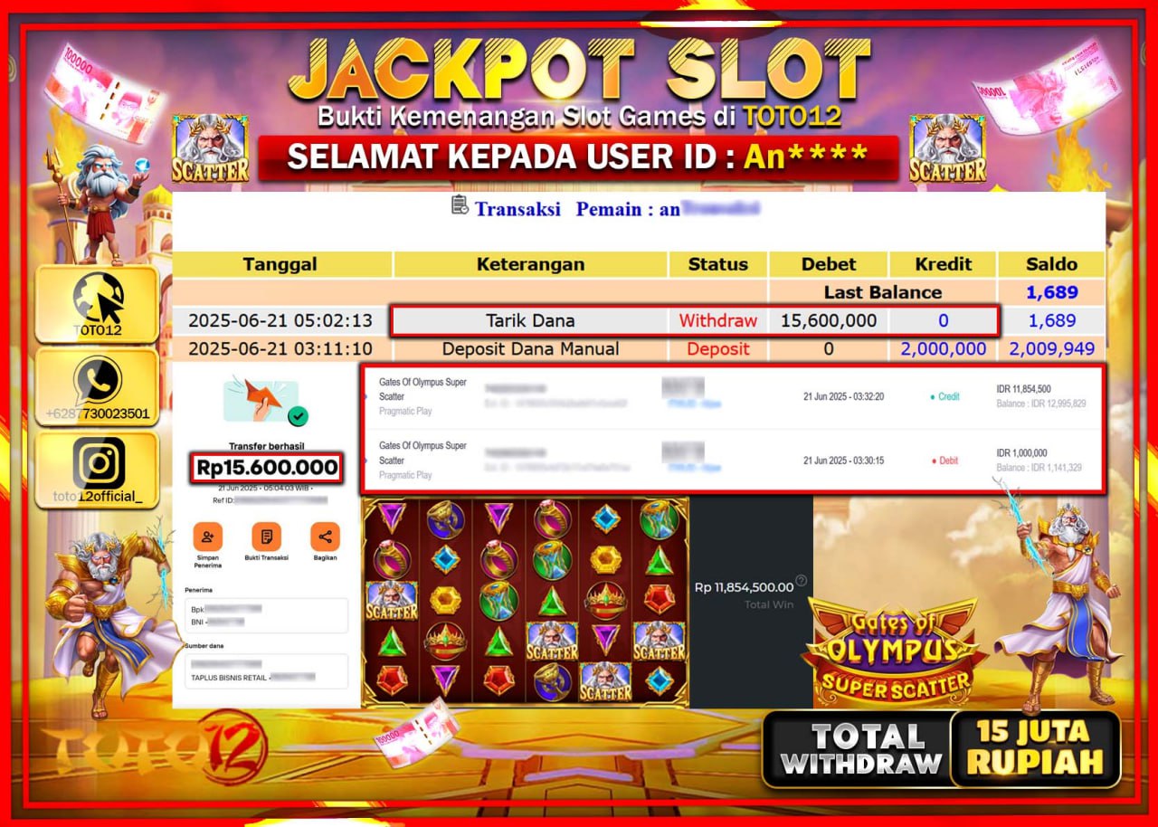 HANYA DI TOTO12 JP PASTI DI BAYAR LUNAS DAN CEPAT!!!!!! JACKPOT SLOT GAME (GATES OF OLYMPUS SUPER SCATTER) Rp.15.000.000 !!!!