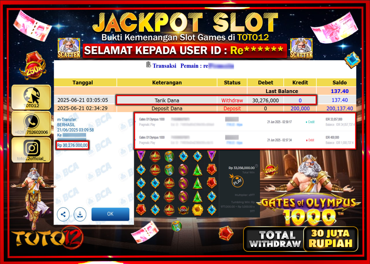 HANYA DI TOTO12 JP PASTI DI BAYAR LUNAS DAN CEPAT!!!!!! JACKPOT SLOT GAME (GATES OF OLYMPUS 1000) Rp.30.000.000 !!!!