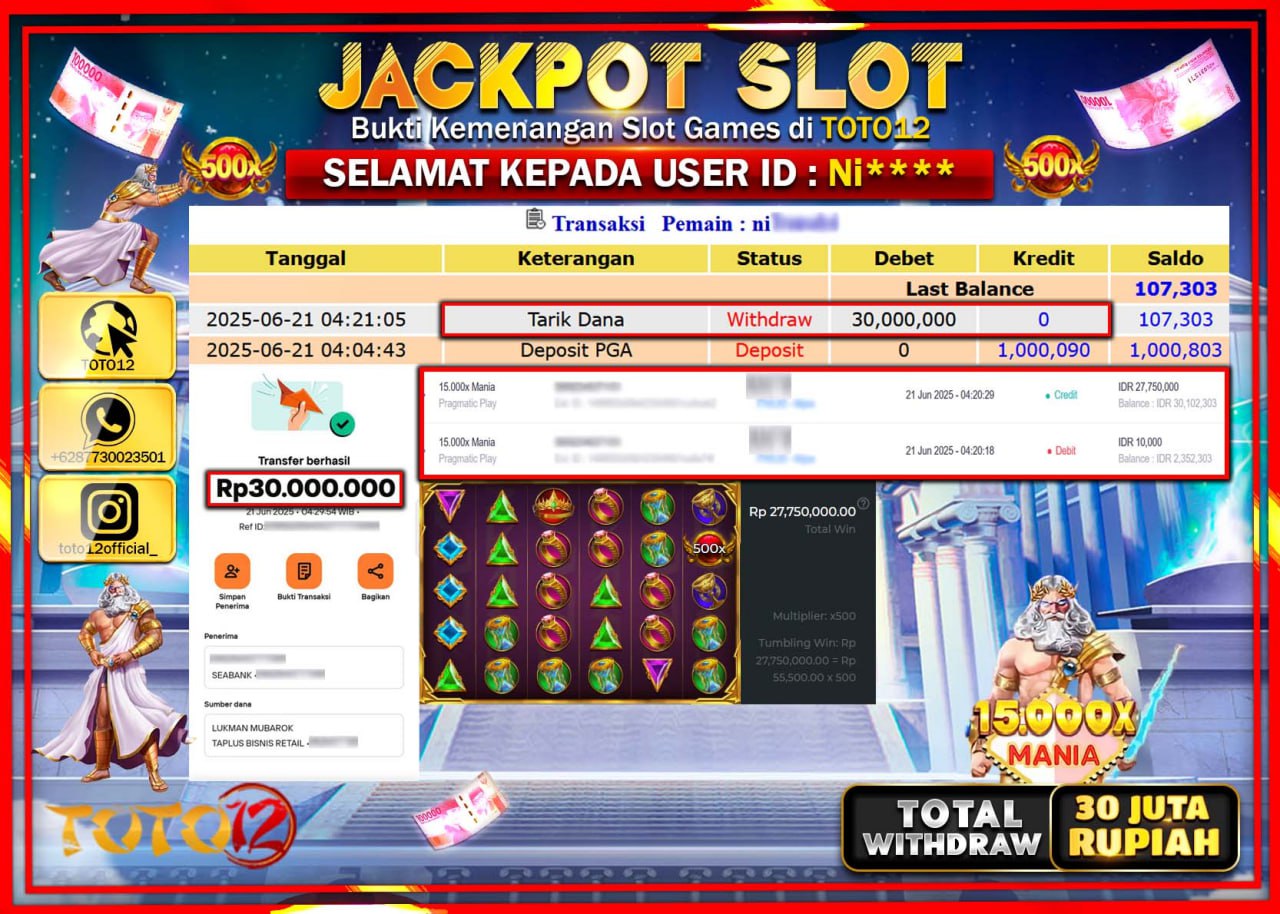 HANYA DI TOTO12 JP PASTI DI BAYAR LUNAS DAN CEPAT!!!!!! JACKPOT SLOT GAME (15.000X MANIA) Rp.30.000.000 !!!!
