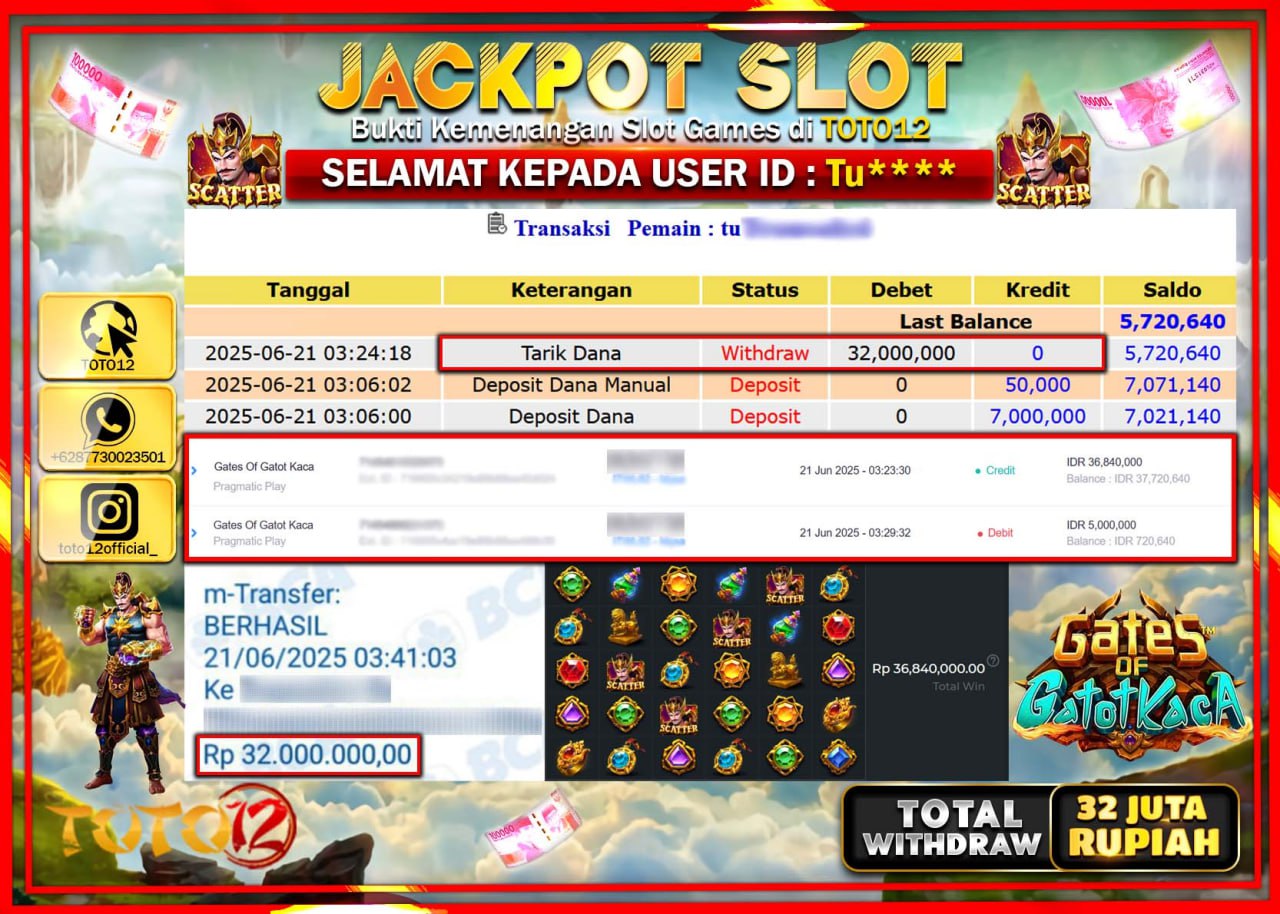 HANYA DI TOTO12 JP PASTI DI BAYAR LUNAS DAN CEPAT!!!!!! JACKPOT SLOT GAME (GATES OF GATOT KACA ) Rp.32.000.000 !!!!