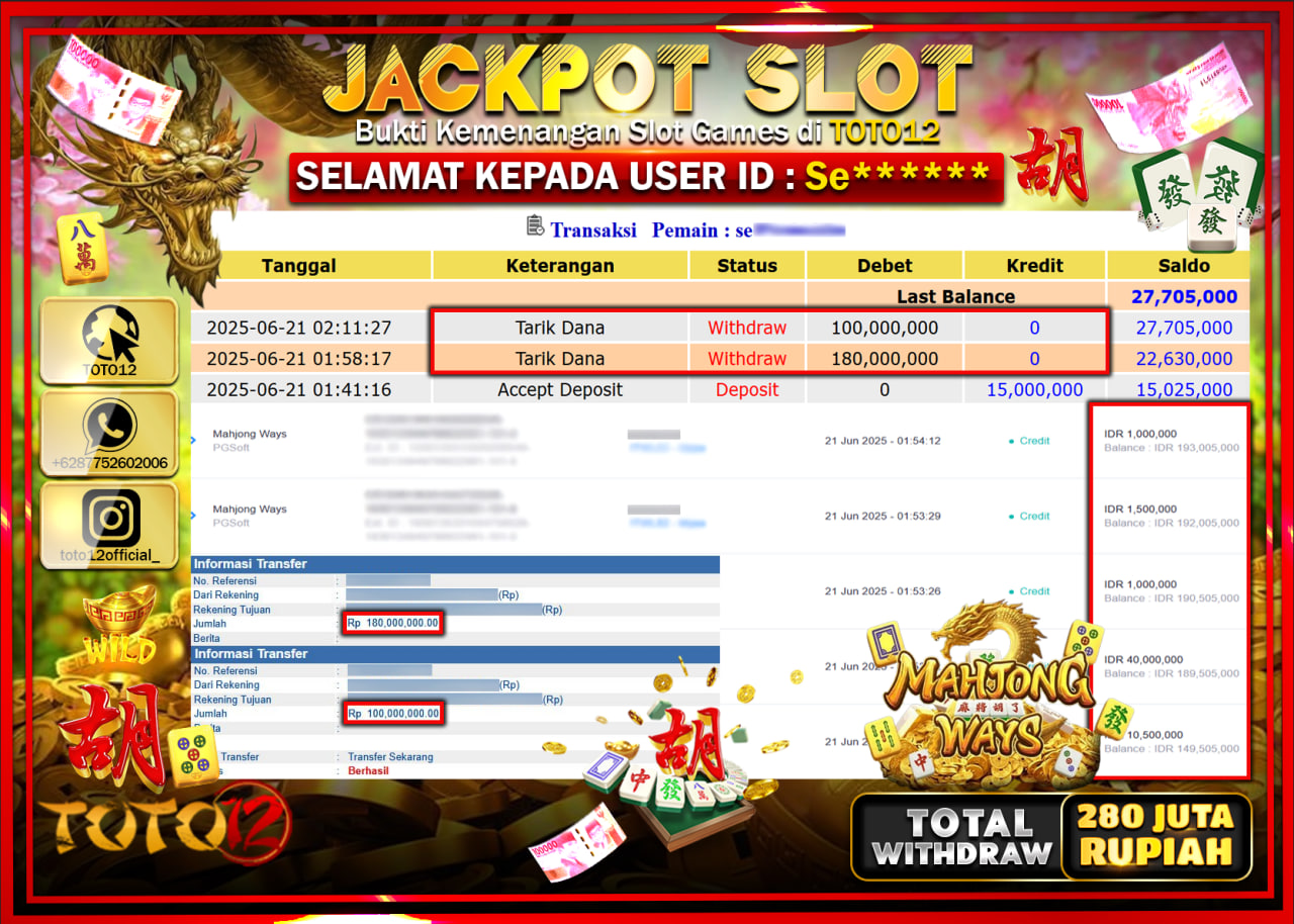 HANYA DI TOTO12 JP PASTI DI BAYAR LUNAS DAN CEPAT!!!!!! JACKPOT SLOT GAME (MAHJONG WAYS) Rp.280.000.000 !!!!