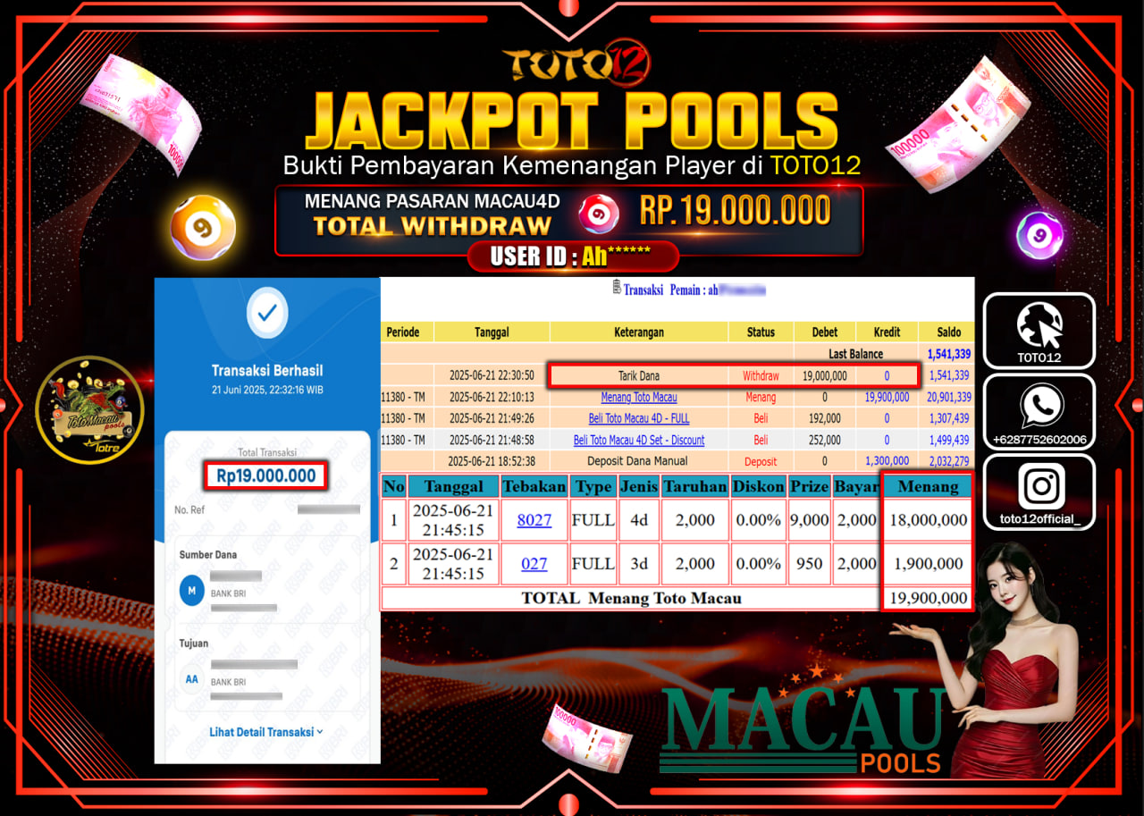 HANYA DI TOTO12 JP PASTI DI BAYAR LUNAS DAN CEPAT!!!!!! JACKPOT POOLS PASARAN (TOTO MACAU4D) Rp.19.000.000 !!!!