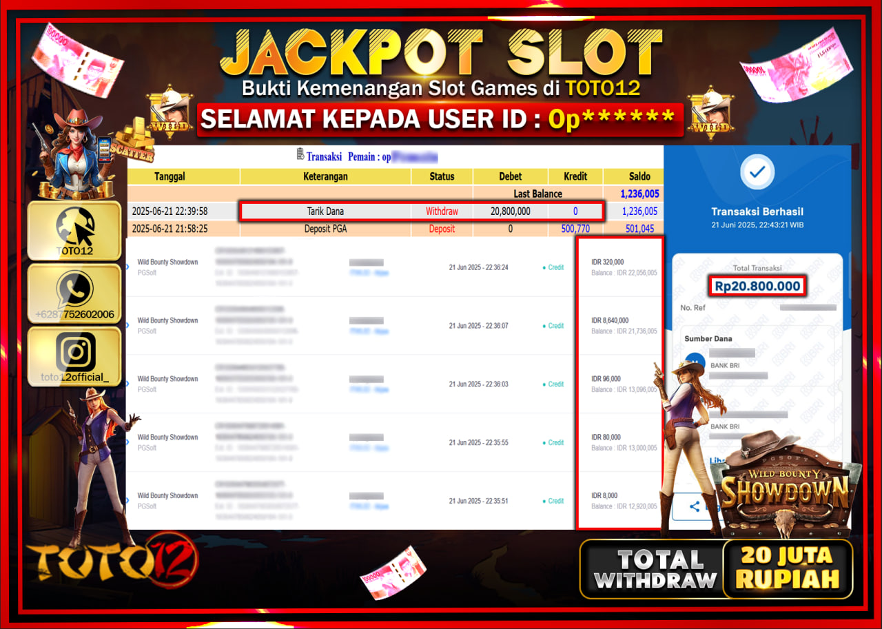 HANYA DI TOTO12 JP PASTI DI BAYAR LUNAS DAN CEPAT!!!!!! JACKPOT SLOT GAME (WILD BOUNTY SHOWDOWN) Rp.20.000.000 !!!!