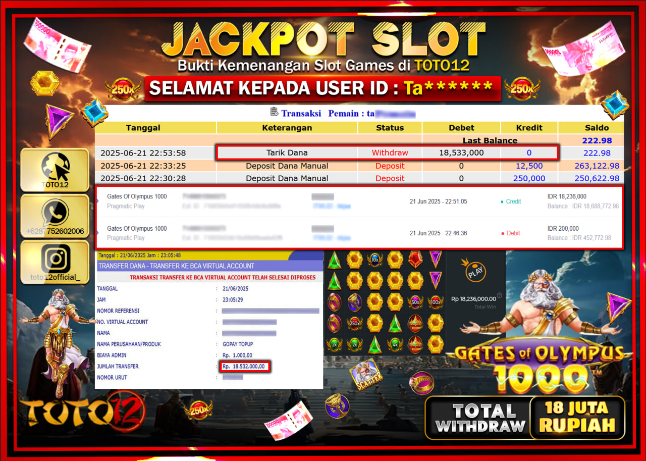 HANYA DI TOTO12 JP PASTI DI BAYAR LUNAS DAN CEPAT!!!!!! JACKPOT SLOT GAME (GATES OF OLYMPUS 1000) Rp.18.000.000 !!!!