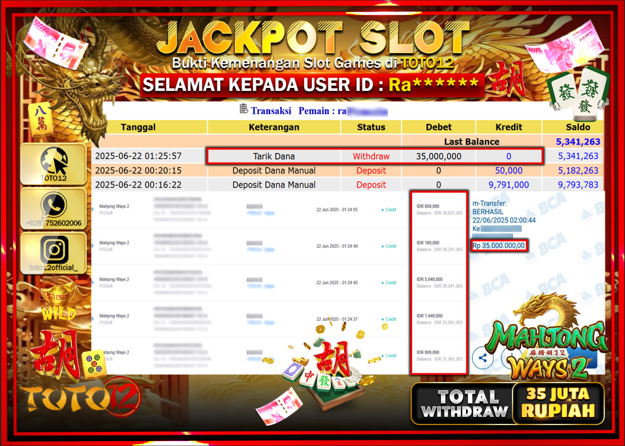 HANYA DI TOTO12 JP PASTI DI BAYAR LUNAS DAN CEPAT!!!!!! JACKPOT SLOT GAME (MAHJONG WAYS 2) Rp.35.000.000 !!!!