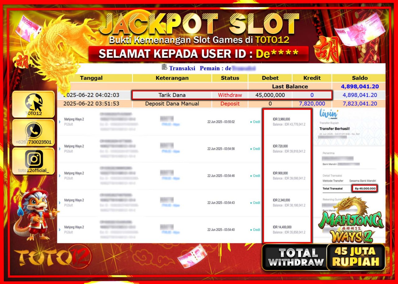 HANYA DI TOTO12 JP PASTI DI BAYAR LUNAS DAN CEPAT!!!!!! JACKPOT SLOT GAME (MAHJONG WAYS 2) Rp.45.000.000 !!!!