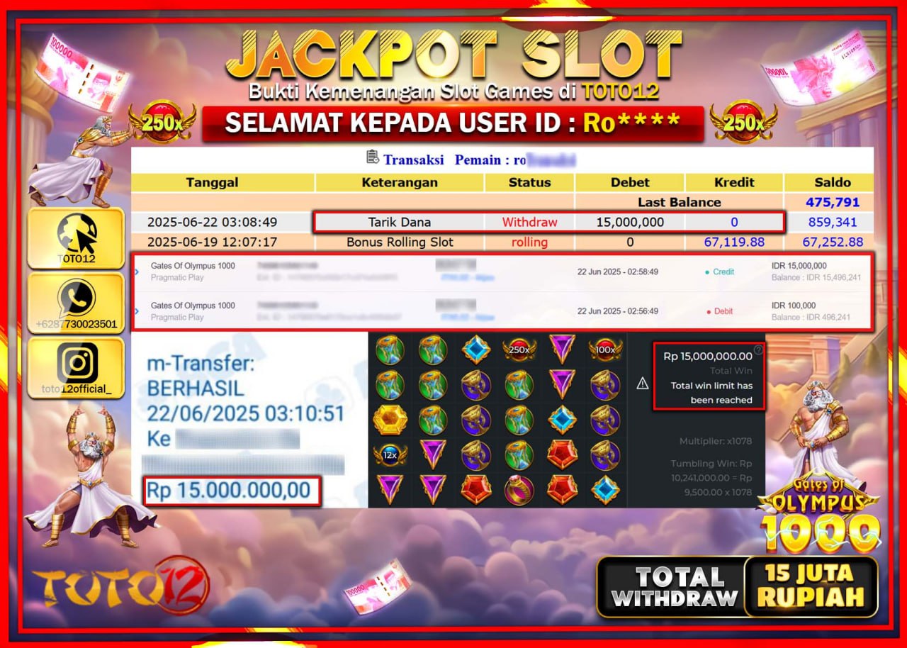 HANYA DI TOTO12 JP PASTI DI BAYAR LUNAS DAN CEPAT!!!!!! JACKPOT SLOT GAME (GATES OF OLYMPUS 1000) Rp.15.000.000 !!!!