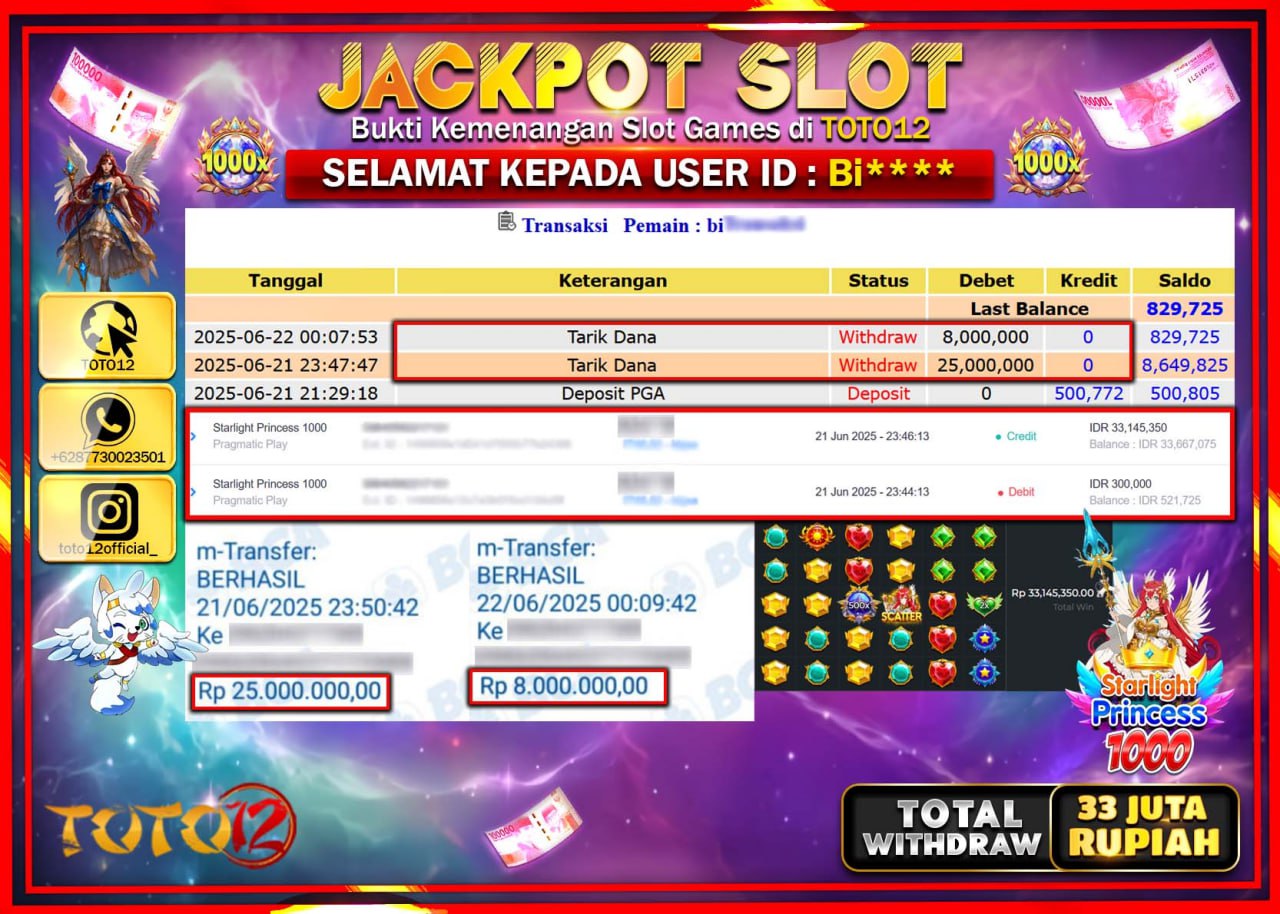 HANYA DI TOTO12 JP PASTI DI BAYAR LUNAS DAN CEPAT!!!!!! JACKPOT SLOT GAME (STARLIGHT PRINCESS 1000) Rp.33.000.000 !!!!