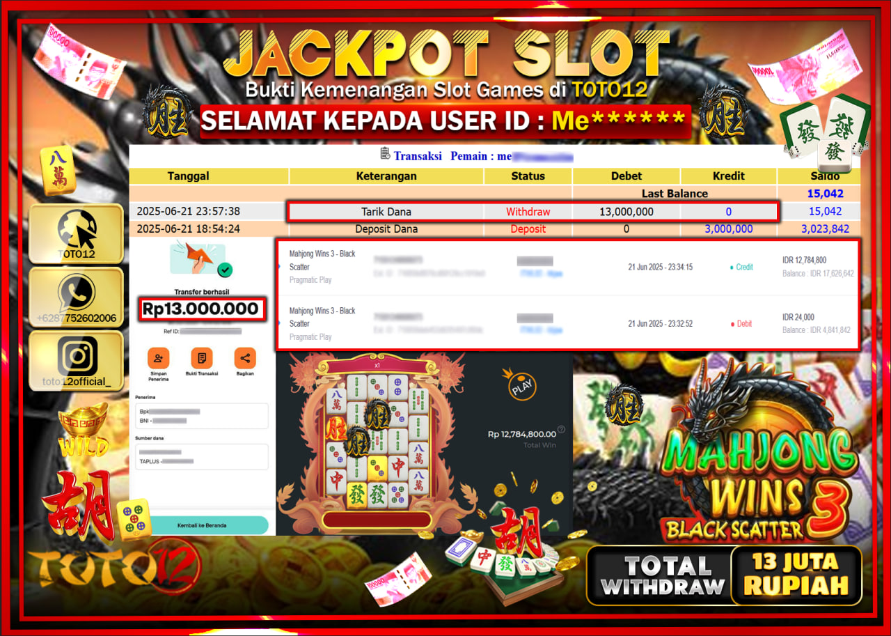 HANYA DI TOTO12 JP PASTI DI BAYAR LUNAS DAN CEPAT!!!!!! JACKPOT SLOT GAME (MAHJONG WINS 3 BLACK SCATTER) Rp.13.000.000 !!!!
