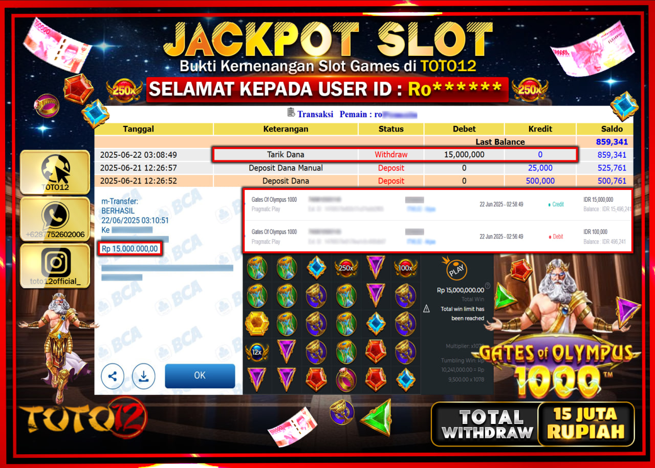 HANYA DI TOTO12 JP PASTI DI BAYAR LUNAS DAN CEPAT!!!!!! JACKPOT SLOT GAME (GATES OF OLYMPUS 1000) Rp.25.000.000 !!!!