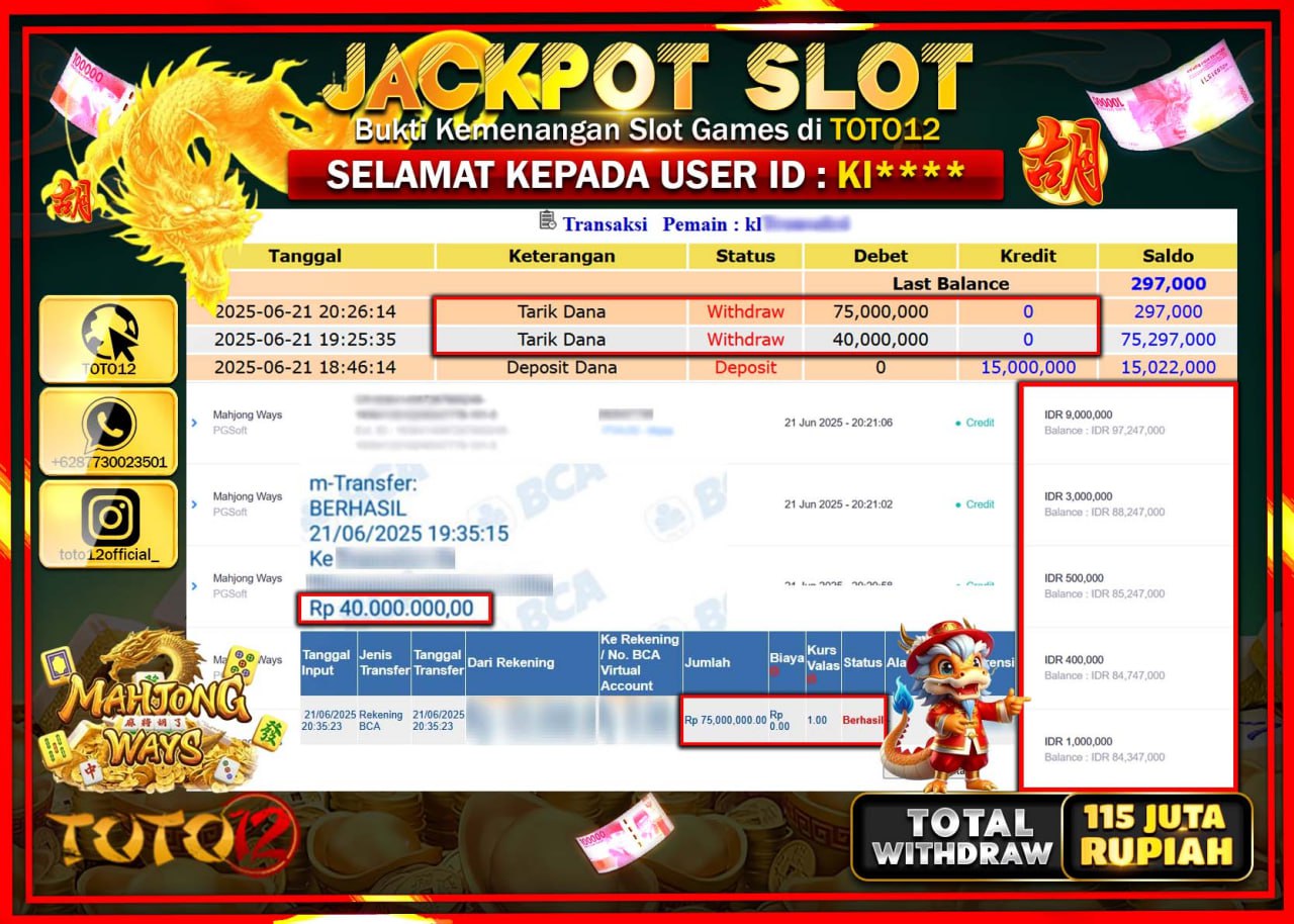 HANYA DI TOTO12 JP PASTI DI BAYAR LUNAS DAN CEPAT!!!!!! JACKPOT SLOT GAME (MAHJONG WAYS) Rp.115.000.000 !!!!
