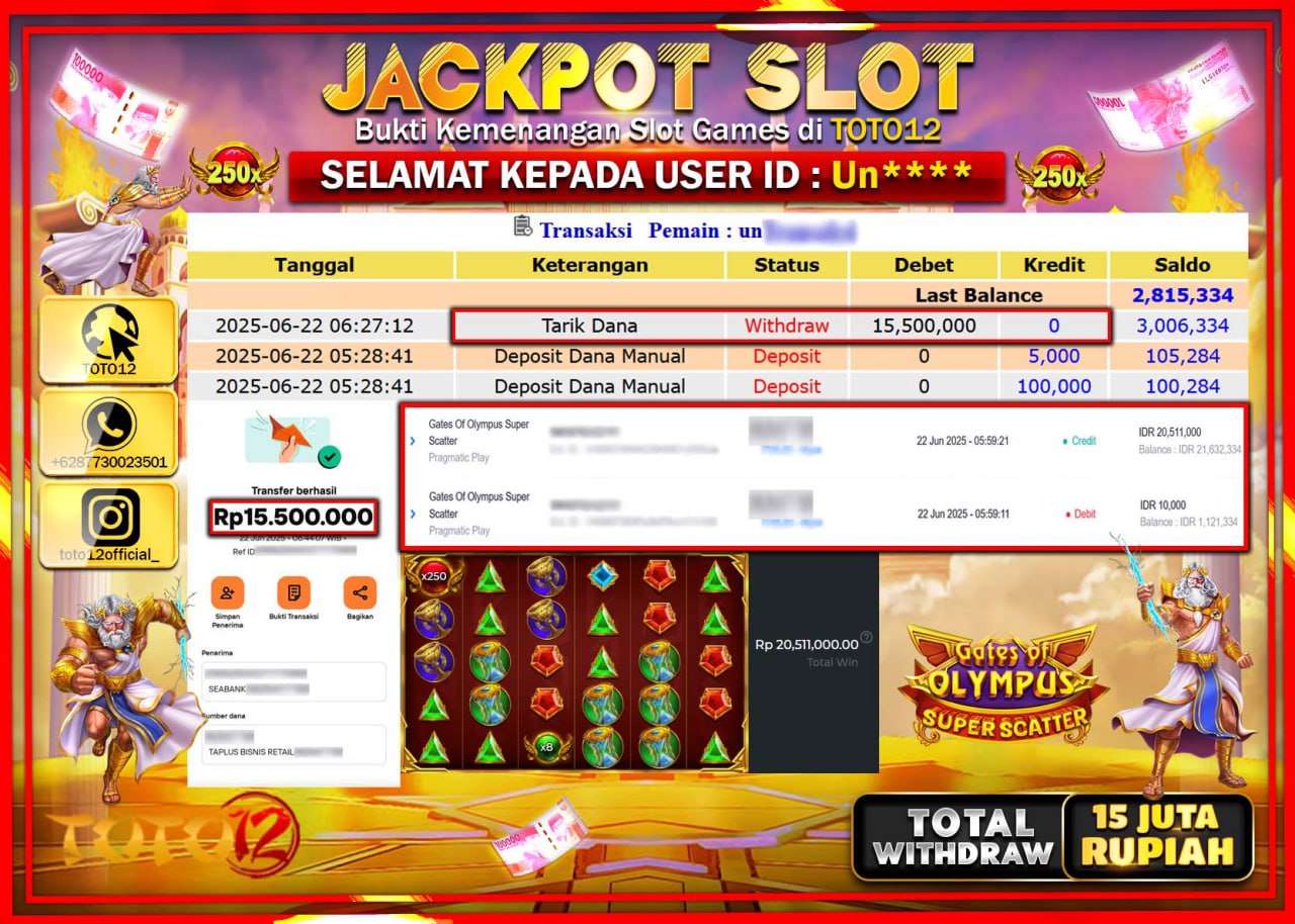 HANYA DI TOTO12 JP PASTI DI BAYAR LUNAS DAN CEPAT!!!!!! JACKPOT SLOT GAME (GATES OF OLYMPUS SUPER SCATTER) Rp.15.000.000 !!!!