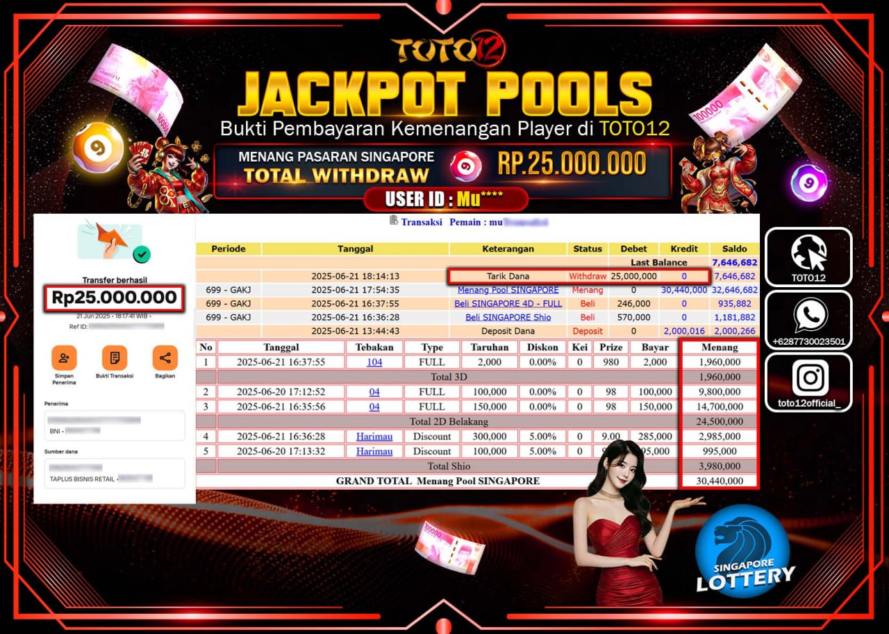 HANYA DI TOTO12 JP PASTI DI BAYAR LUNAS DAN CEPAT!!!!!! JACKPOT POOLS PASARAN (SINGAPORE) Rp.25.000.000 !!!!