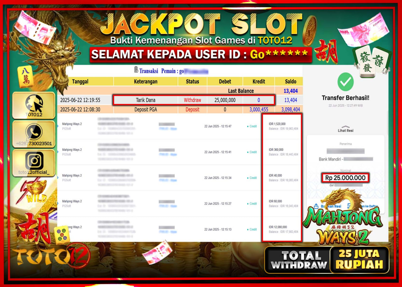 HANYA DI TOTO12 JP PASTI DI BAYAR LUNAS DAN CEPAT!!!!!! JACKPOT SLOT GAME (MAHJONG WAYS 2) Rp.25.000.000 !!!!
