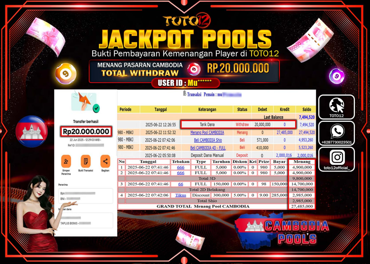HANYA DI TOTO12 JP PASTI DI BAYAR LUNAS DAN CEPAT!!!!!! JACKPOT POOLS PASARAN (CAMBODIA) Rp.20.000.000 !!!!