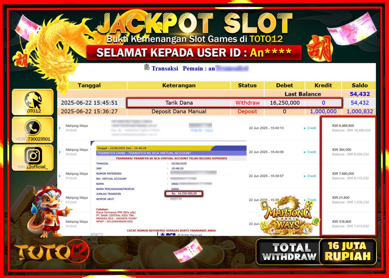 HANYA DI TOTO12 JP PASTI DI BAYAR LUNAS DAN CEPAT!!!!!! JACKPOT SLOT GAME (MAHJONG WAYS) Rp.16.000.000 !!!!
