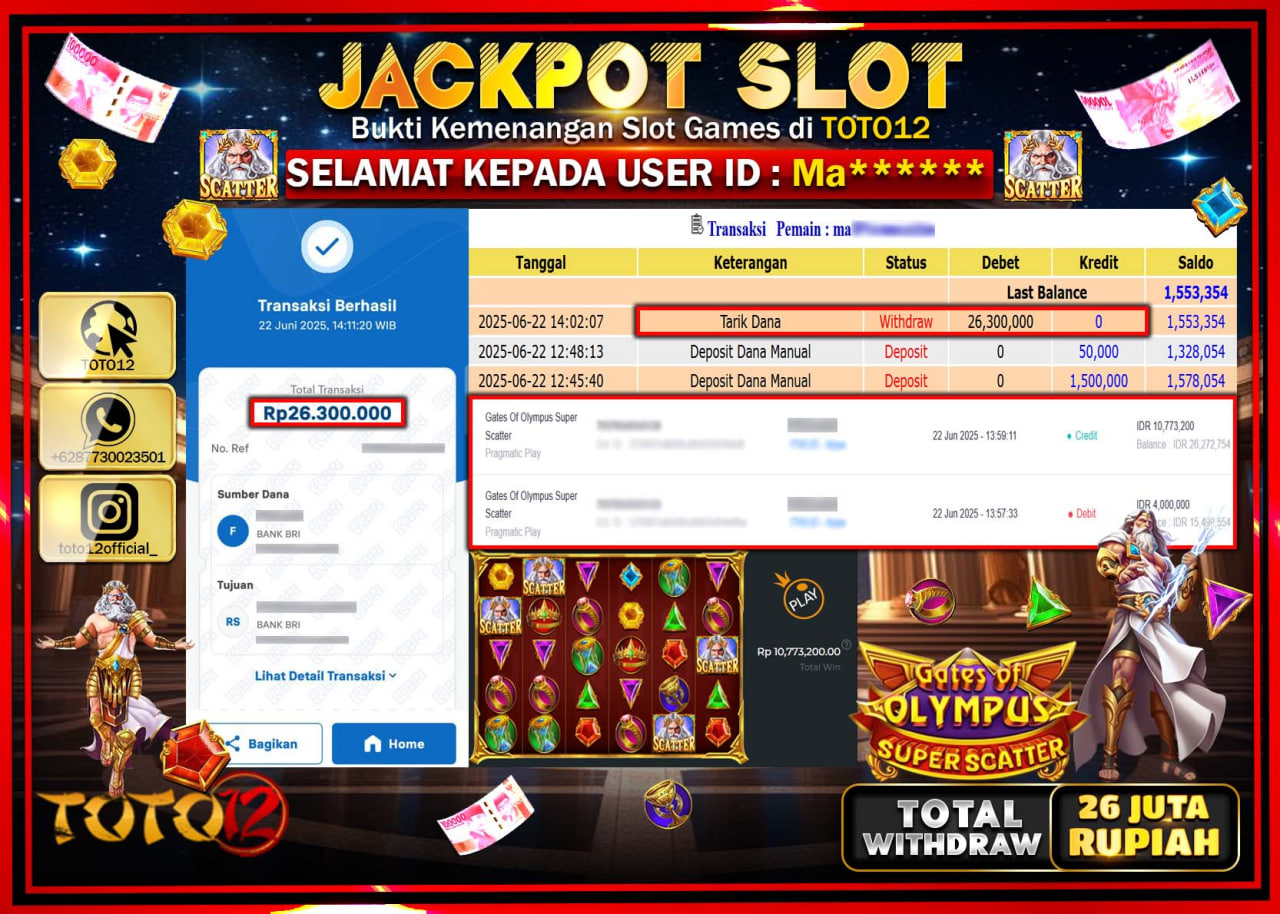 HANYA DI TOTO12 JP PASTI DI BAYAR LUNAS DAN CEPAT!!!!!! JACKPOT SLOT GAME (GATES OF OLYMPUS SUPER SCATTER) Rp.26.000.000 !!!!