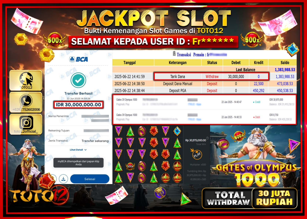HANYA DI TOTO12 JP PASTI DI BAYAR LUNAS DAN CEPAT!!!!!! JACKPOT SLOT GAME (GATES OF OLYMPUS 1000) Rp.30.000.000 !!!!
