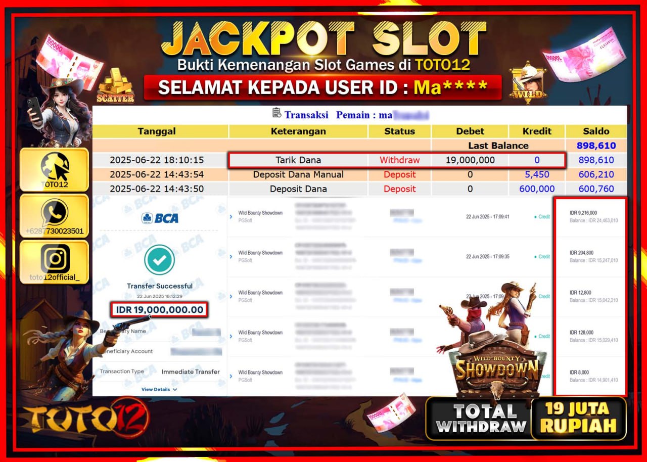 HANYA DI TOTO12 JP PASTI DI BAYAR LUNAS DAN CEPAT!!!!!! JACKPOT SLOT GAME (WILD BOUNTY SHOWDOWN) Rp.19.000.000 !!!!