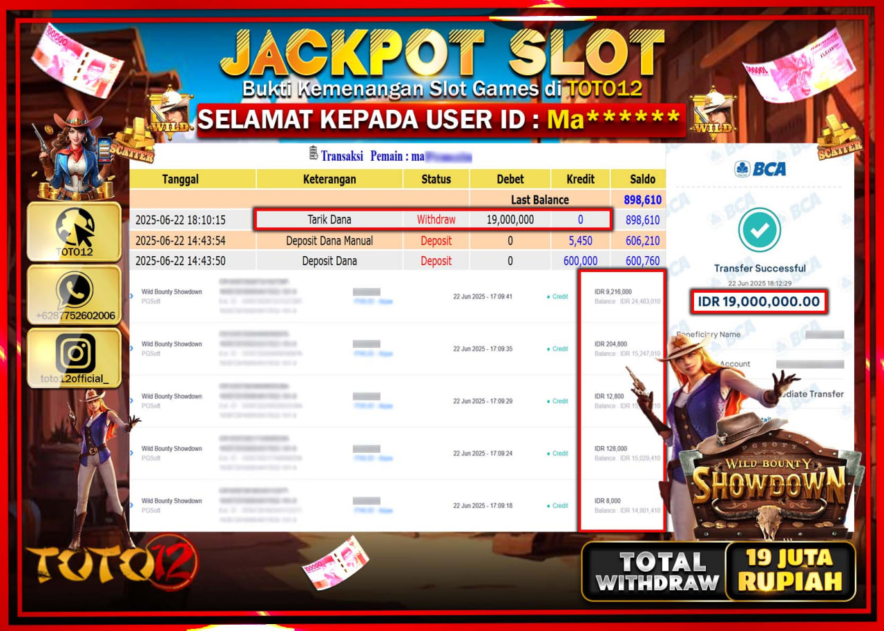 HANYA DI TOTO12 JP PASTI DI BAYAR LUNAS DAN CEPAT!!!!!! JACKPOT SLOT GAME (WILD BOUNTY SHOWDOWN) Rp.19.000.000 !!!!