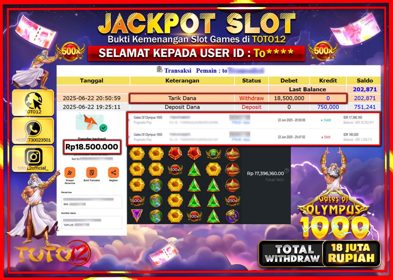 HANYA DI TOTO12 JP PASTI DI BAYAR LUNAS DAN CEPAT!!!!!! JACKPOT SLOT GAME (GATES OF OLYMPUS 1000) Rp.18.000.000 !!!!
