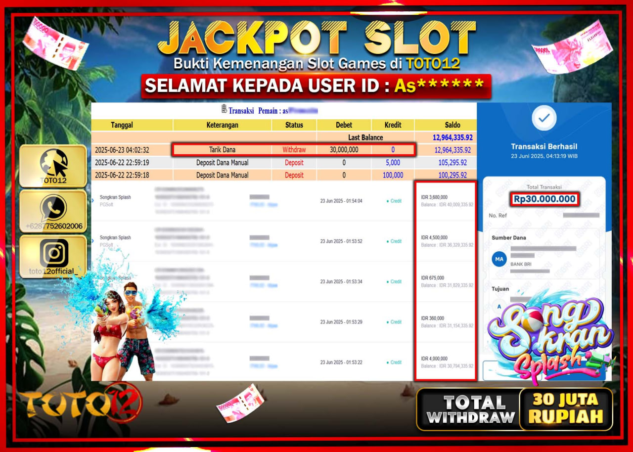 HANYA DI TOTO12 JP PASTI DI BAYAR LUNAS DAN CEPAT!!!!!! JACKPOT SLOT GAME (SONGKRAN SPLASH) Rp.30.000.000 !!!!