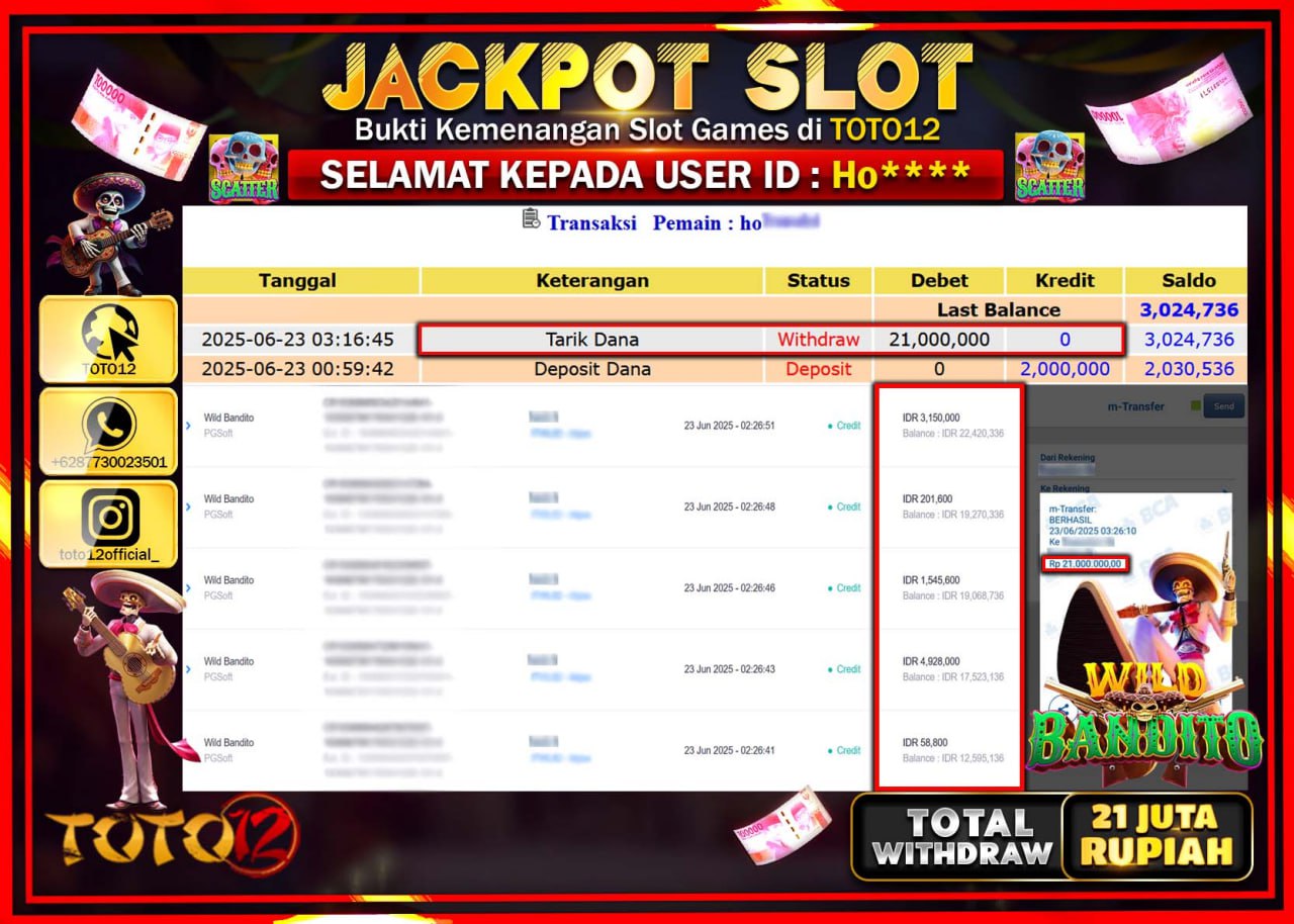 HANYA DI TOTO12 JP PASTI DI BAYAR LUNAS DAN CEPAT!!!!!! JACKPOT SLOT GAME (WILD BANDITO) Rp.21.000.000 !!!!