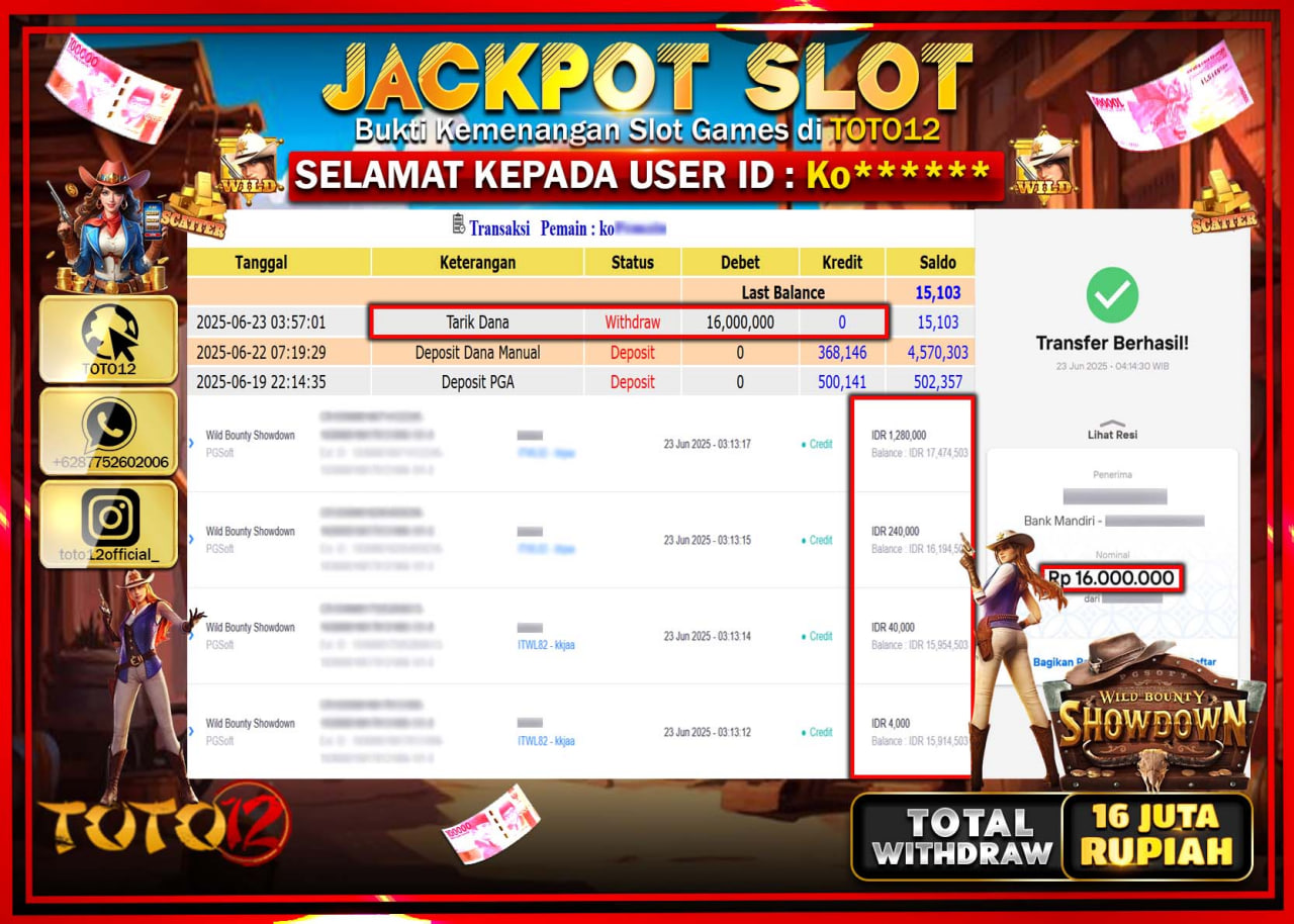 HANYA DI TOTO12 JP PASTI DI BAYAR LUNAS DAN CEPAT!!!!!! JACKPOT SLOT GAME (WILD BOUNTY SHOWDOWN) Rp.16.000.000 !!!!