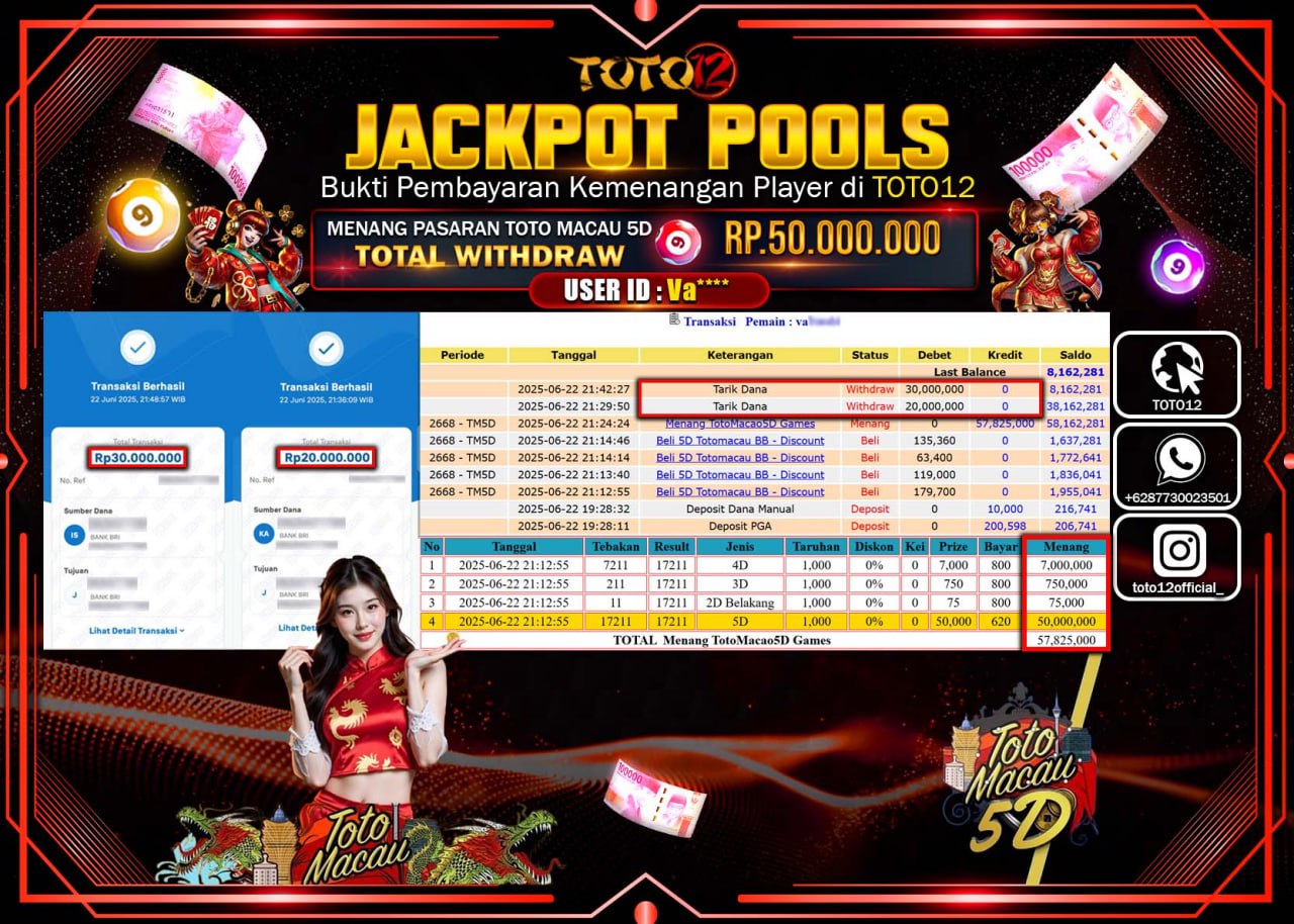 HANYA DI TOTO12 JP PASTI DI BAYAR LUNAS DAN CEPAT!!!!!! JACKPOT POOLS PASARAN (MACAU5D) Rp.50.000.000 !!!!