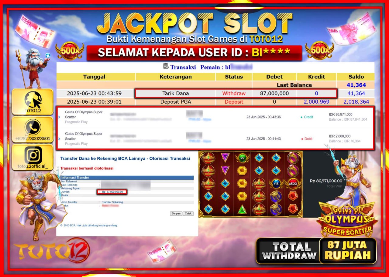 HANYA DI TOTO12 JP PASTI DI BAYAR LUNAS DAN CEPAT!!!!!! JACKPOT SLOT GAME (GATES OF OLYMPUS SUPER SCATTER) Rp.87.000.000 !!!!