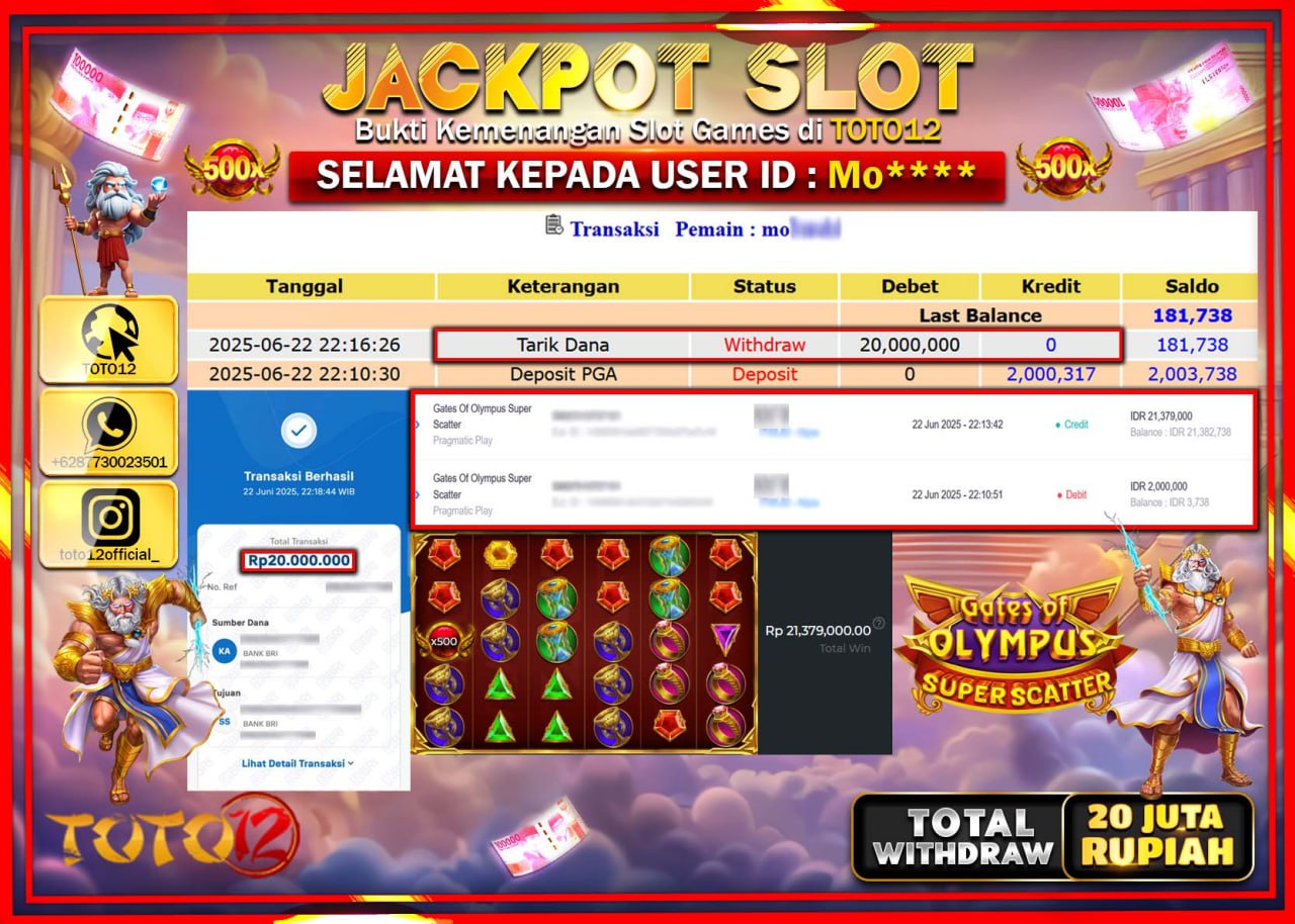 HANYA DI TOTO12 JP PASTI DI BAYAR LUNAS DAN CEPAT!!!!!! JACKPOT SLOT GAME (GATES OF OLYMPUS SUPER SCATTER) Rp.20.000.000 !!!!